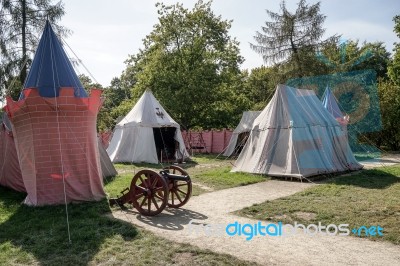 Old Cannon And Tents Reconstruction At Wilanow Palace In Warsaw Stock Photo