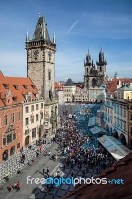 Old City Hall Tower And Church Of Our Lady Before Tyn In Prague Stock Photo