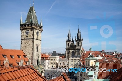 Old City Hall Tower And Church Of Our Lady Before Tyn In Prague Stock Photo