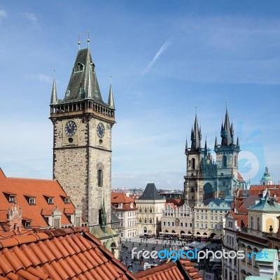 Old City Hall Tower And Church Of Our Lady Before Tyn In Prague Stock Photo