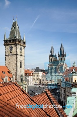 Old City Hall Tower And Church Of Our Lady Before Tyn In Prague Stock Photo