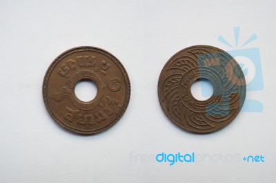 Old Coin Thailand, Which Is Obsolete Today On White Background Stock Photo