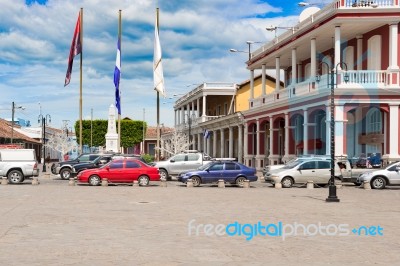 Old Colonial Buildings At Cathedral Plaza In Granada, Nicaragua Stock Photo