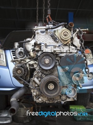 Old Diesel Engine Of Light Truck Maintenance In Garage Service Stock Photo