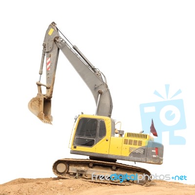 Old Dirty Yellow Backhoe And Brown Soil Ground On White Background Stock Photo