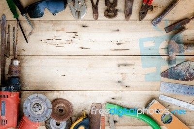 Old Equipment Tools Set On Wood Stock Photo