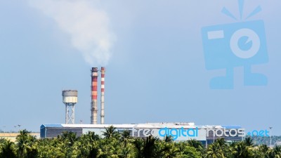 Old Factory Small With Smoke Stacks Stock Photo