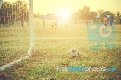 Old Football Vintage Photography With Soccer Goal With Lens Flare Effect Stock Photo