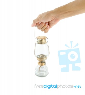 Old Glass Metal Frame Lantern Hold On White Background Stock Photo