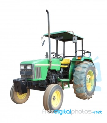 Old Green Tractor On White Background Stock Photo