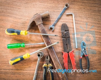 Old & Grunge Set Of Hand Tools Many On Wood Floor Background Stock Photo