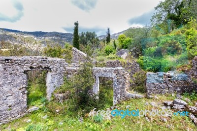 Old Historic Walls As Ruins In Landscape Of Greece Stock Photo