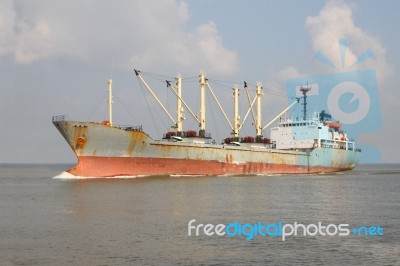 Old Industrial Product Ship Float On Wide River Stock Photo