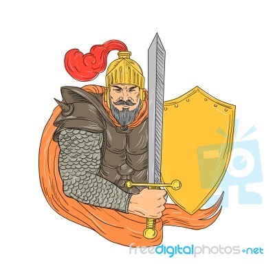 Old Knight Sword Shield Drawing Stock Image