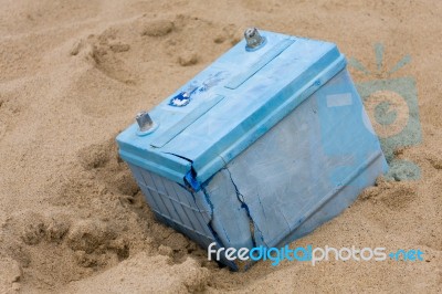 Old Lead Acid Battery  At Happisburgh Stock Photo