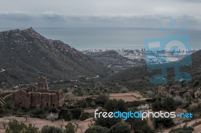 Old Monastery Desert Palms Stock Photo