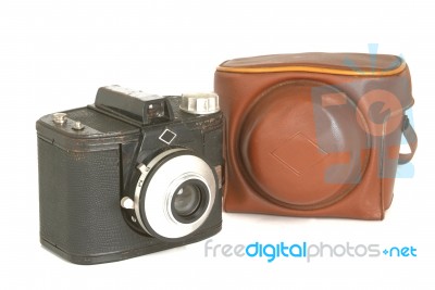 Old Photographic Camera With Bag Stock Photo