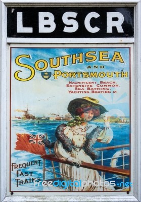 Old Railway Poster Advertising Southsea And Portsmouth At Sheffi… Stock Photo