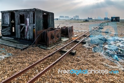Old Shack And Rusty Machinery On Dungeness Beach Stock Photo