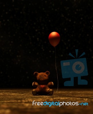 Old Teddy Bear With Red Balloon In The Dark,3d Illustration Stock Image