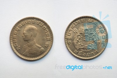 Old Thai Coin On White Background Stock Photo