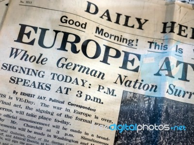 Old Ve Day Edition Newspaper At Michelham Priory Stock Photo