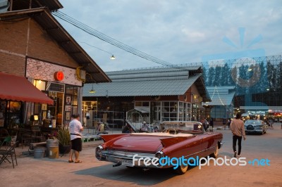 Old Vintage Brown Car At Night Market, Srinakarin Road Stock Photo