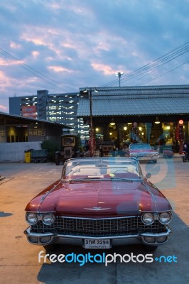 Old Vintage Brown Car At Night Market, Srinakarin Road Stock Photo