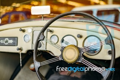 Old Vintage Console Front Steering Wheel Stock Photo