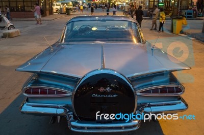 Old Vintage Grey Chevrolet Car At Night Market, Srinakarin Road Stock Photo