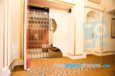 Old Vintage Lift At Hotel Lobby Stock Photo