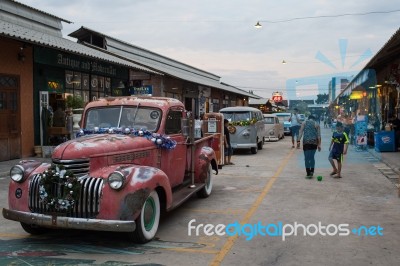 Old Vintage Red Chevrolet Truck At Night Market, Srinakarin Road… Stock Photo