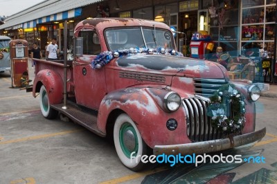 Old Vintage Red Chevrolet Truck At Night Market, Srinakarin Road… Stock Photo