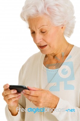 Old Woman With Mobile Stock Photo