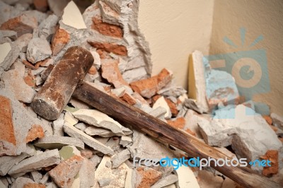 Old Wood Hammer In Demolition House Stock Photo