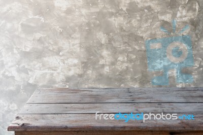 Old Wood Table With Vintage Loft Cement Background Stock Photo