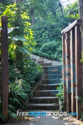 Old Wooden Beams Decoreated In The Garden Stock Photo