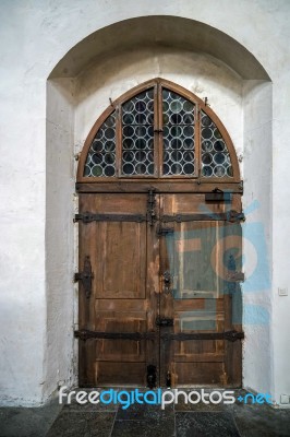 Old Wooden Door In St James Church In Rothenburg Stock Photo