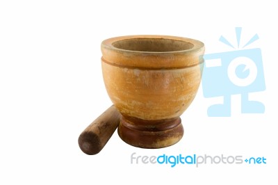 Old Wooden Mortar And Pestle Stock Photo