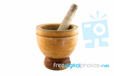 Old Wooden Mortar And Pestle Stock Photo