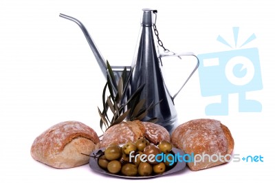 Olive Oil, Bread And Olives Stock Photo