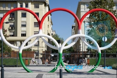 Olympic Rings In Hungarian Colours In Budapest Stock Photo