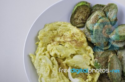 Omelet With Fried Eggplants Stock Photo