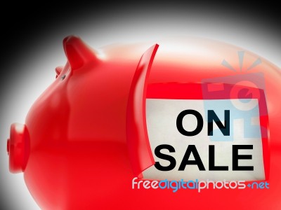 On Sale Piggy Bank Message Shows Discounts And Promotion Stock Image