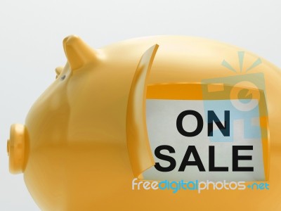 On Sale Piggy Bank Shows Discounts And Promotion Stock Image