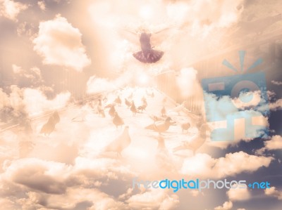 One Bird Fly From Group In Cloud Ad Sky Background Stock Photo