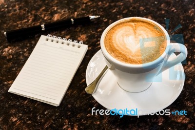 Open A Blank White Notebook, Pen And Cup Of Coffee On Marble Des… Stock Photo