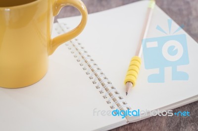 Open Blank Notebook With Pencil Stock Photo