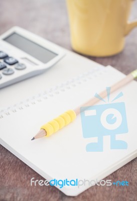 Open Blank Notebook With Pencil Stock Photo