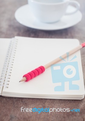 Open Blank Notebook With Pencil Stock Photo